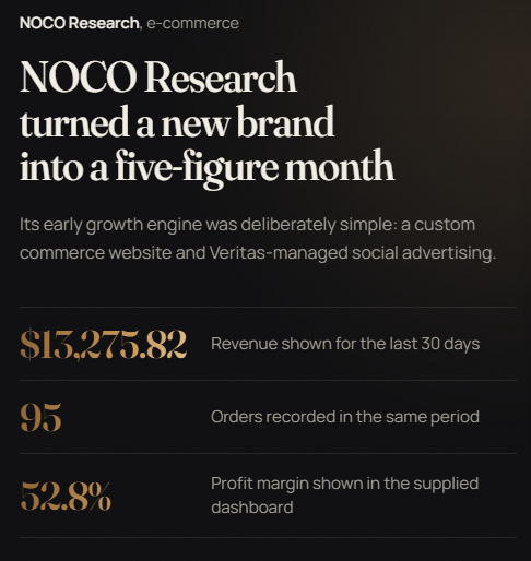 NOCO Research · supplied project summary describing a commerce website and managed social advertising