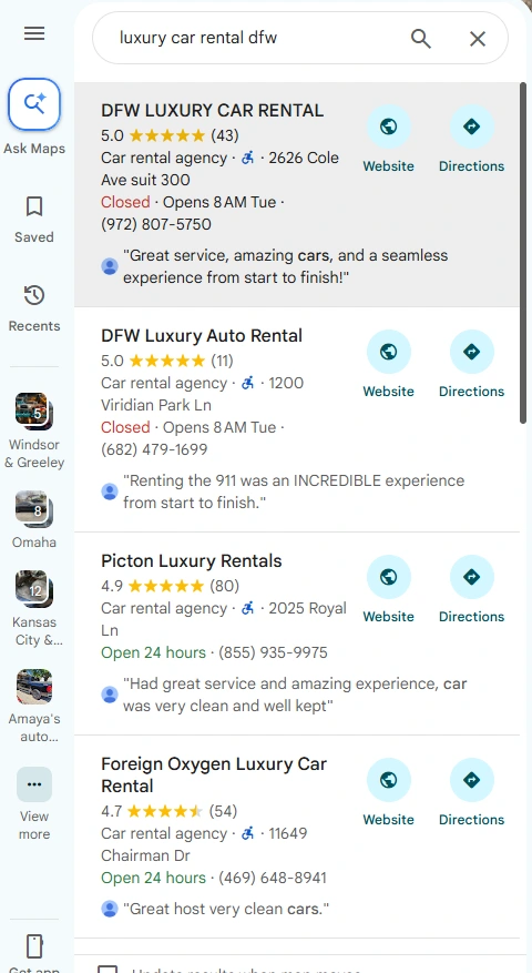 Picton Luxury Rentals · Google Maps results for “luxury car rental dfw”